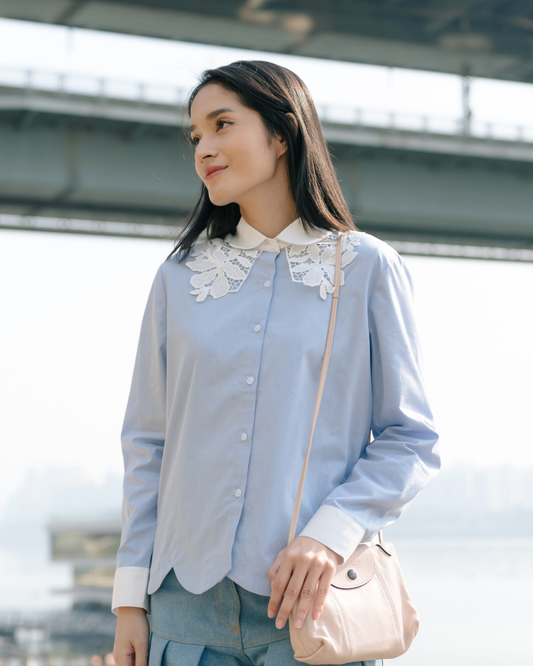 OMARA Velika Scallop Lace Collar Shirt | Kemeja Blouse Wanita - Seoul Stroll