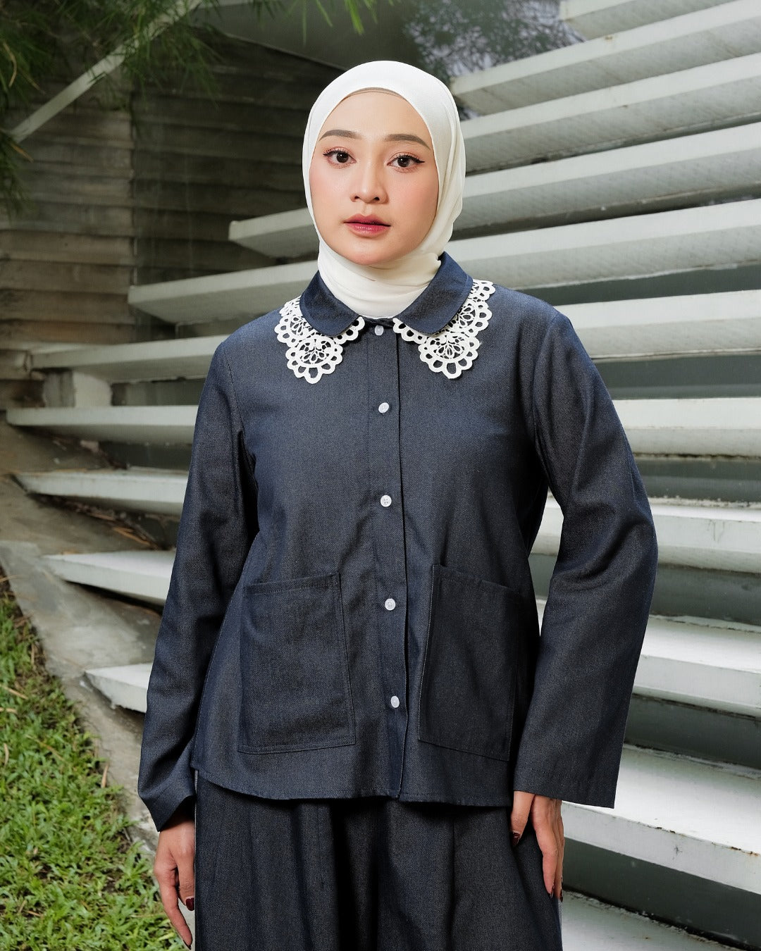 OMARA Averie Lace Denim Shirt | Kemeja Blouse Wanita - Mosaic