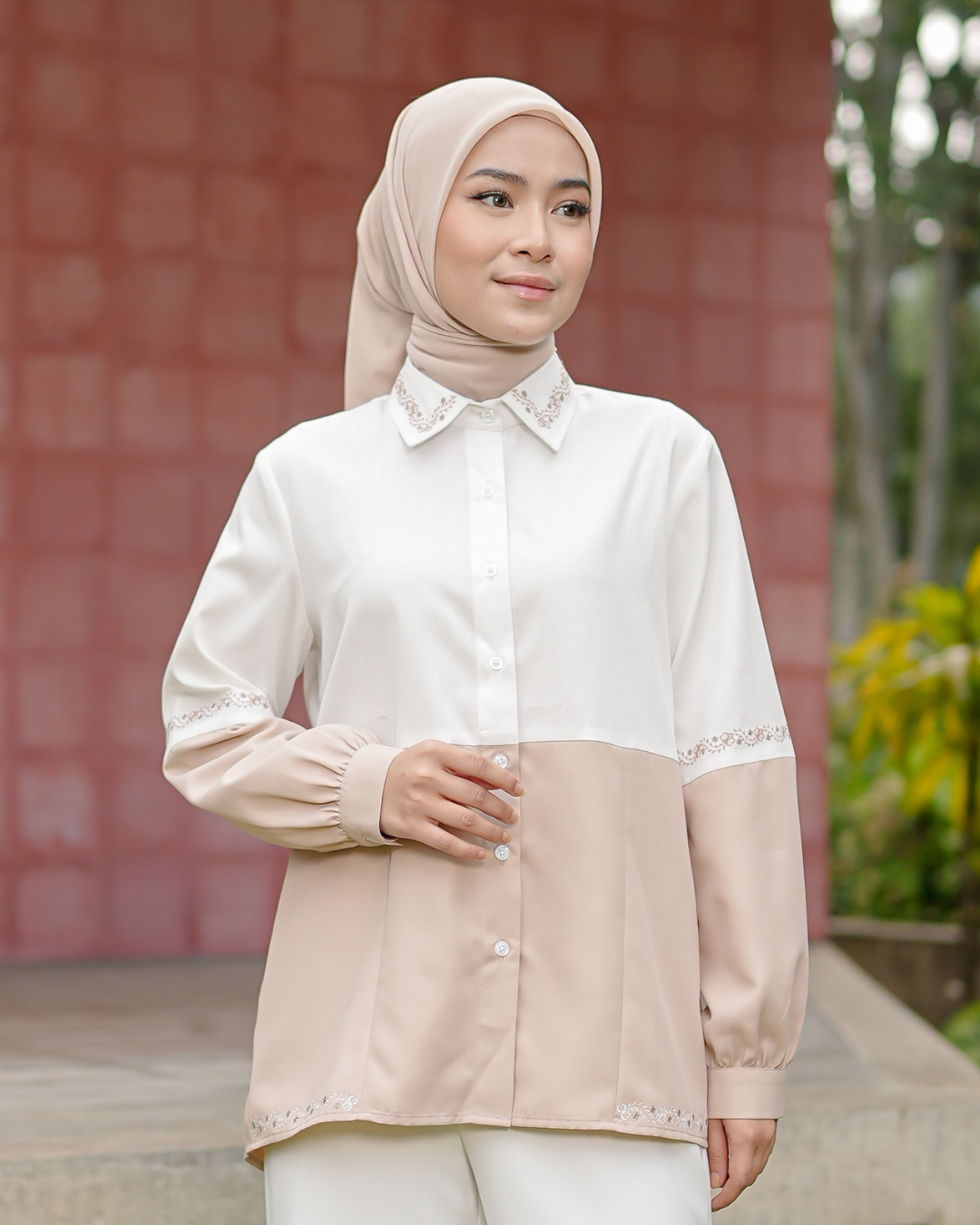 OMARA Alvina Two Tone Embroidery Shirt | Kemeja Blouse Wanita