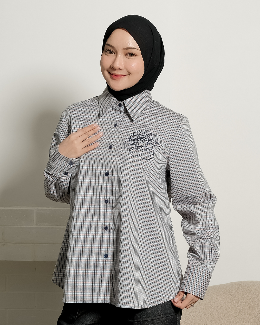 OMARA Viany Flower Gingham Shirt | Kemeja Blouse Wanita