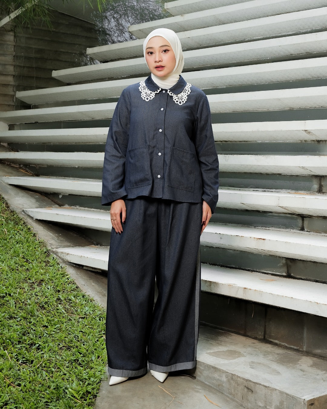 OMARA Averie Lace Denim Shirt | Kemeja Blouse Wanita - Mosaic