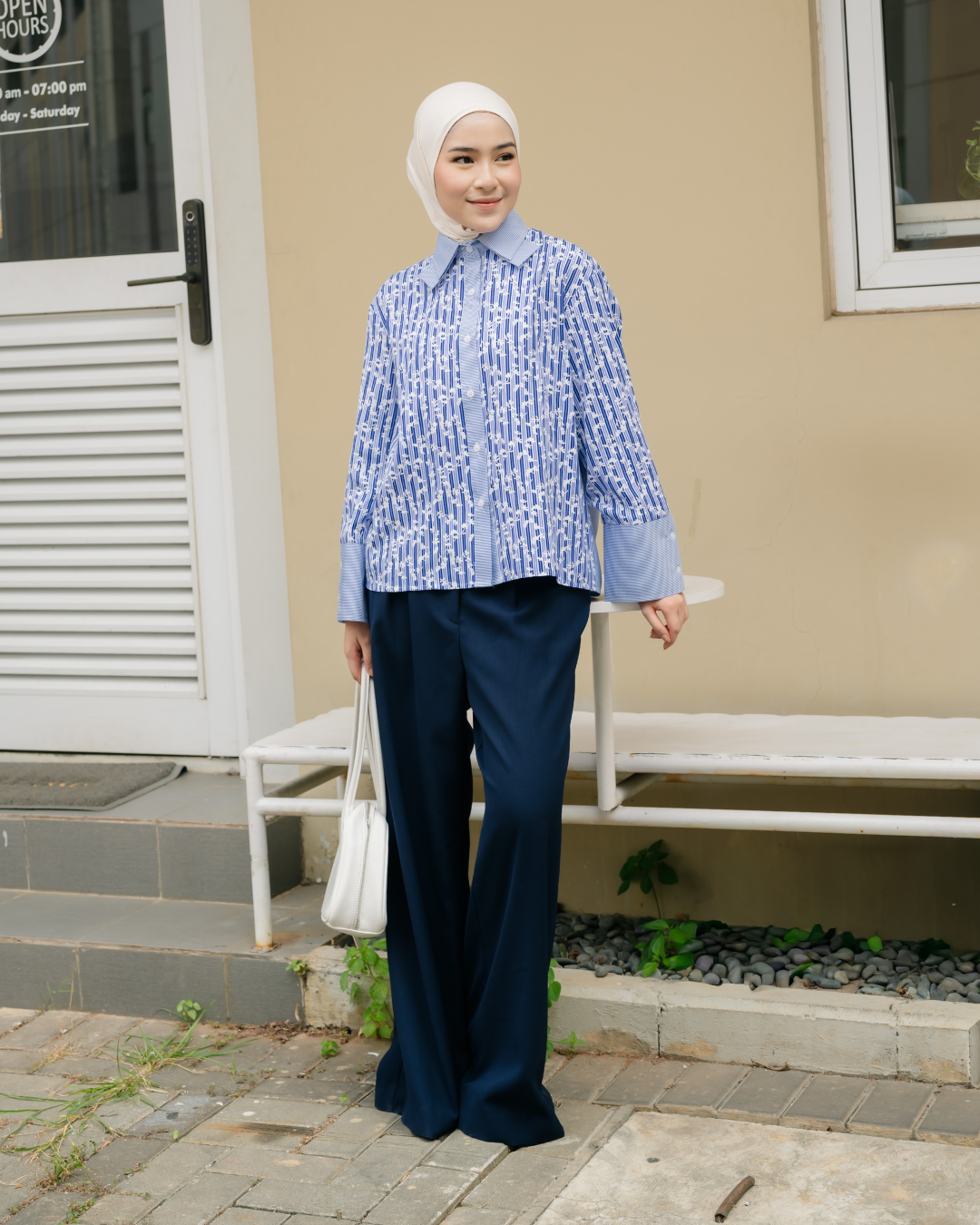 Bernia Layered Colar Stripe Flower Shirt