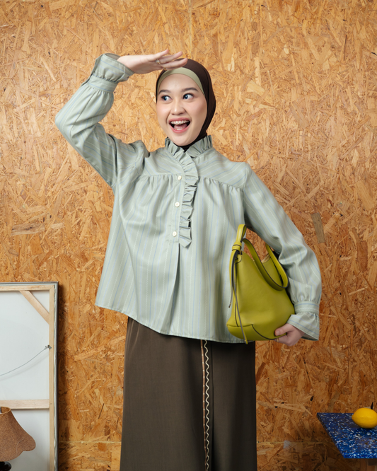 Omara x Firyal Aisyah —Cherine Ethnic Pinstripe Ruffle Blouse Sage | Atasan Wanita