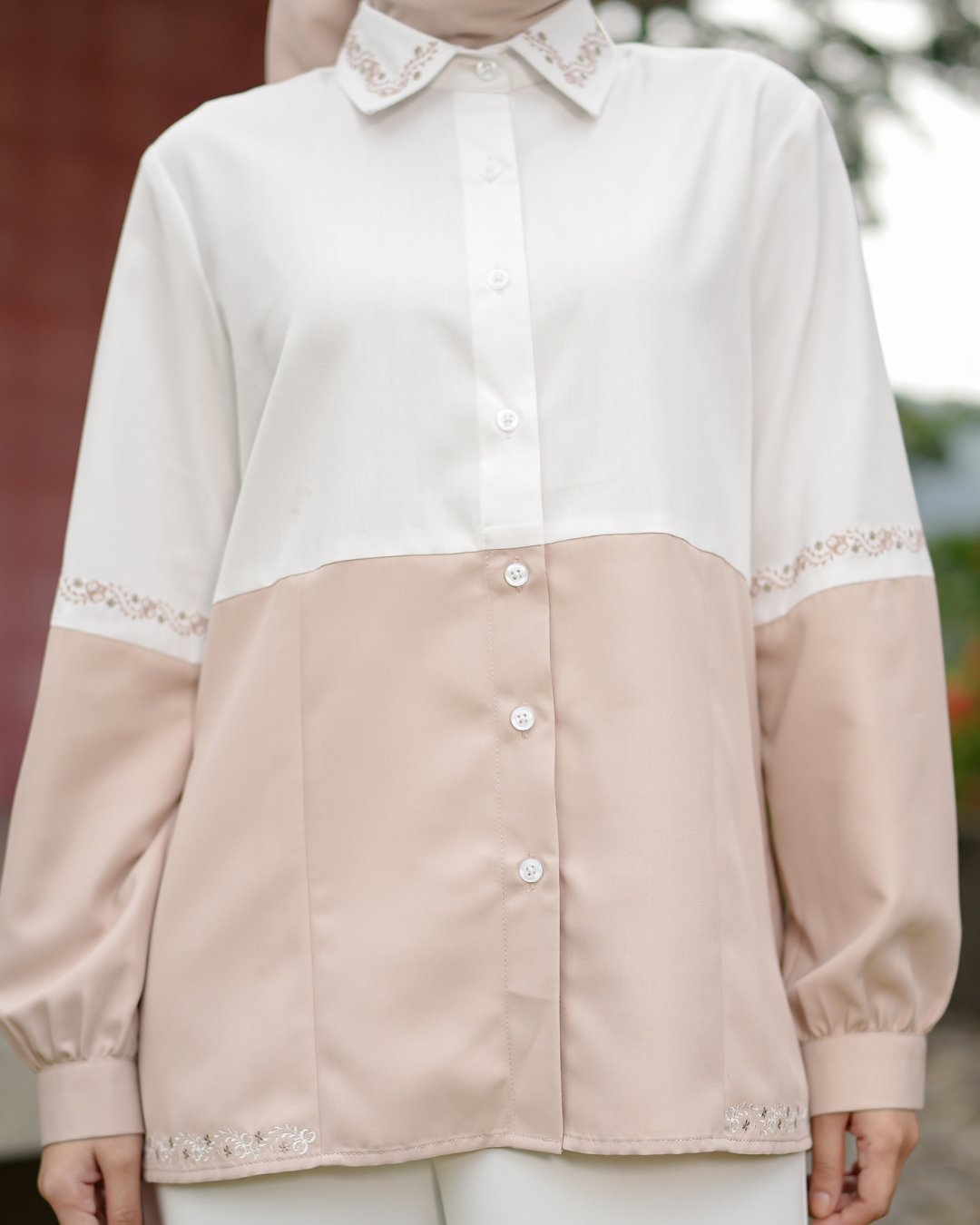 OMARA Alvina Two Tone Embroidery Shirt | Kemeja Blouse Wanita