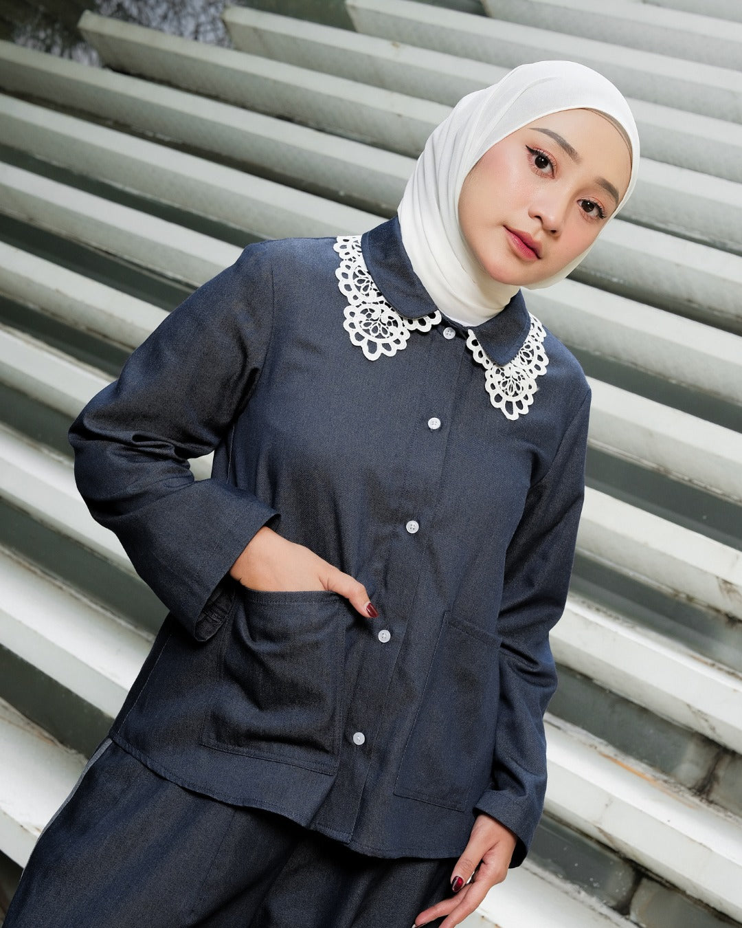 OMARA Averie Lace Denim Shirt | Kemeja Blouse Wanita - Mosaic