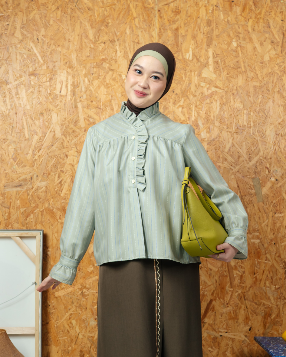 Omara x Firyal Aisyah —Cherine Ethnic Pinstripe Ruffle Blouse Sage | Atasan Wanita