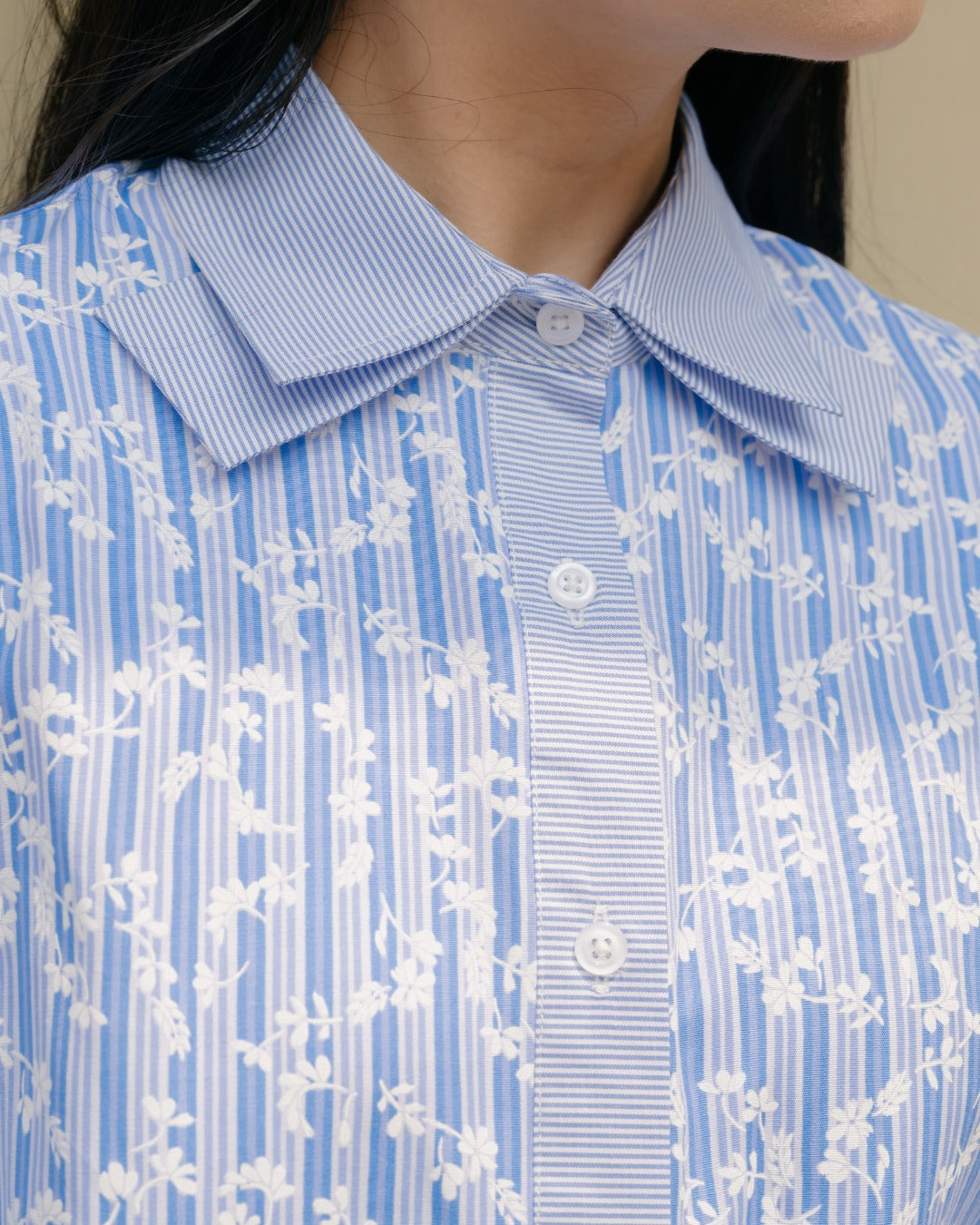 Bernia Layered Colar Stripe Flower Shirt
