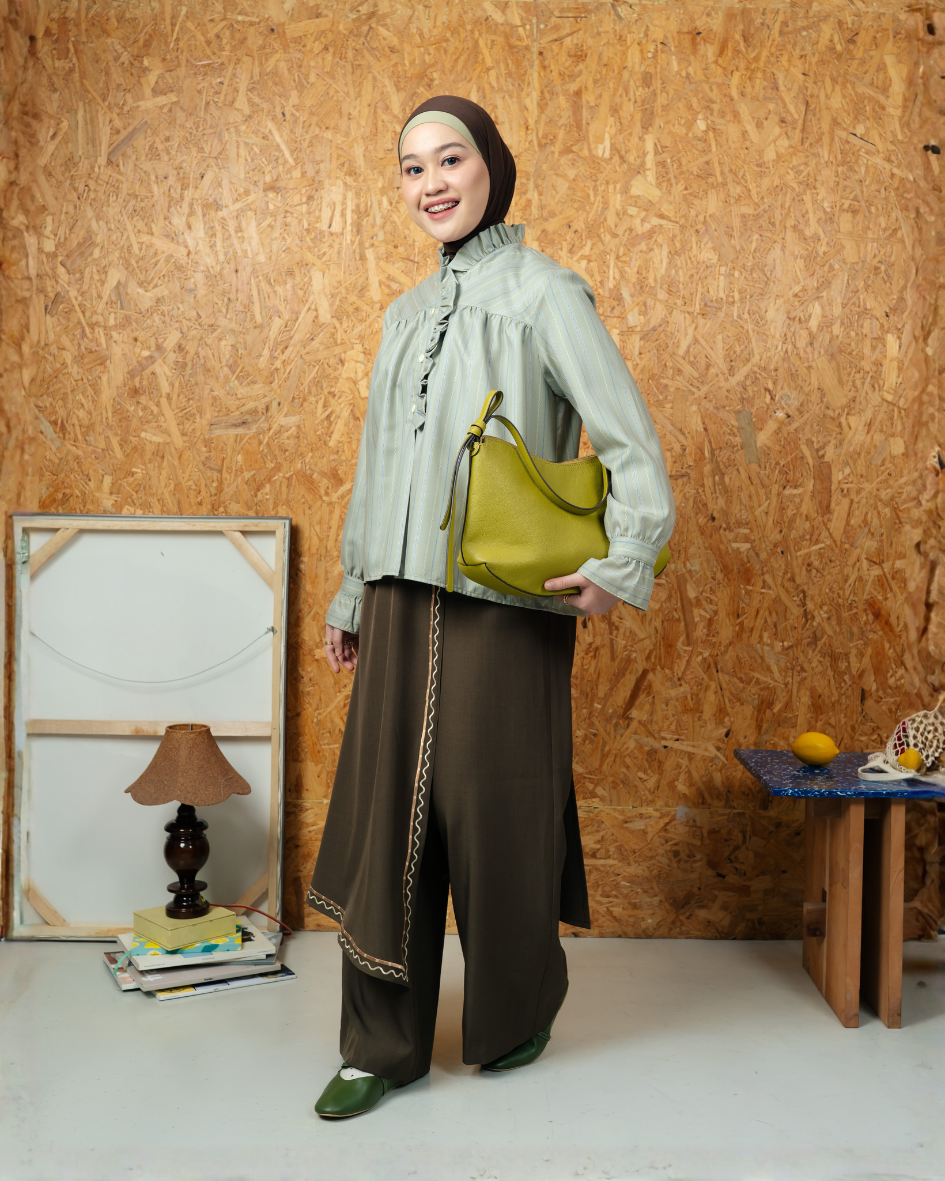Omara x Firyal Aisyah —Cherine Ethnic Pinstripe Ruffle Blouse Sage | Atasan Wanita