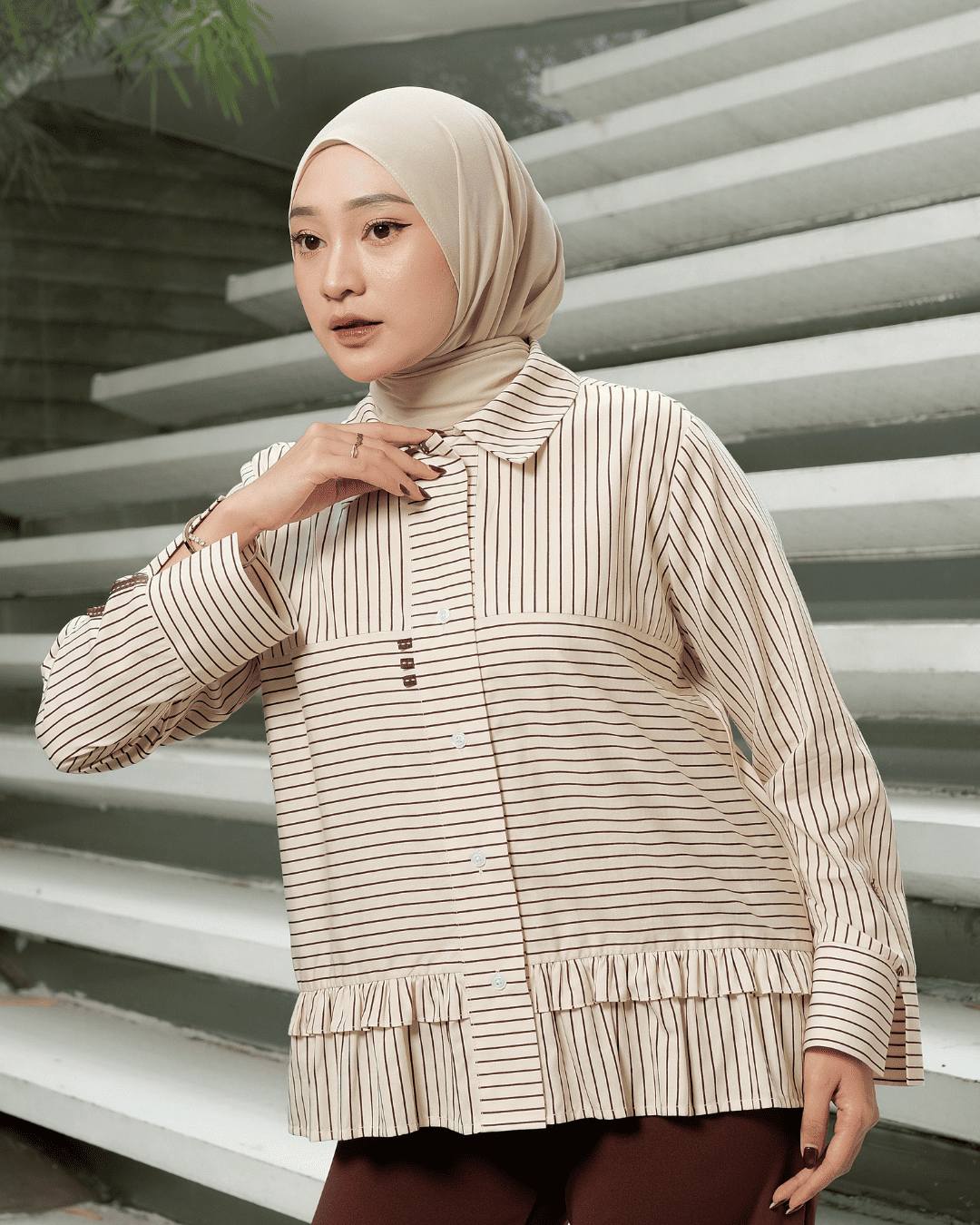 OMARA Aruna Stripe Ruffle Shirt | Kemeja Blouse Wanita - Mosaic