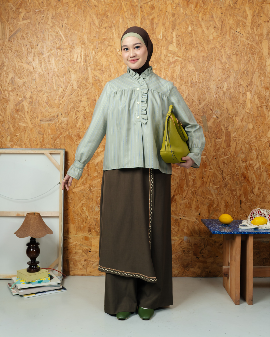 Omara x Firyal Aisyah —Cherine Ethnic Pinstripe Ruffle Blouse Sage | Atasan Wanita