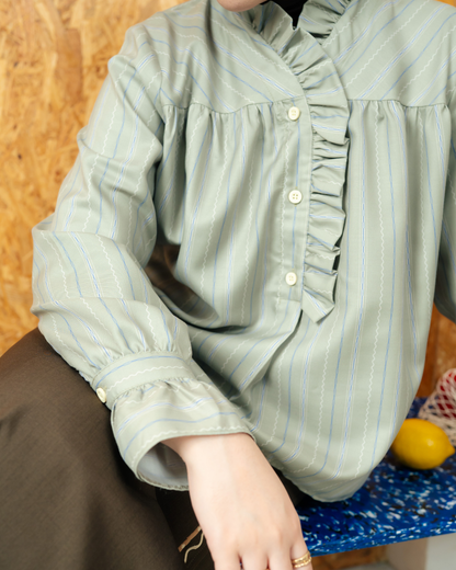 Omara x Firyal Aisyah —Cherine Ethnic Pinstripe Ruffle Blouse Sage | Atasan Wanita