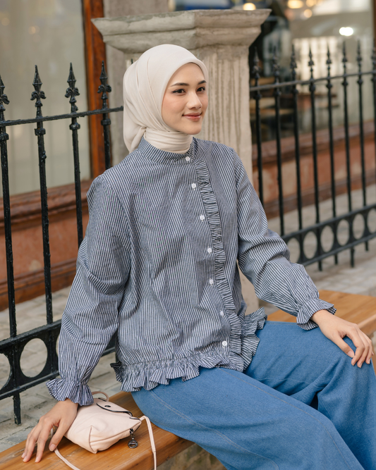 OMARA Velma Ruffle Stripe Shirt | Kemeja Blouse Wanita - Seoul Stroll