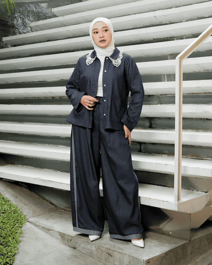 OMARA Alaura Denim List Wide Leg Pants | Celana Wanita - Mosaic