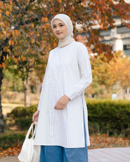 OMARA Vaira Stripe Overlap Asymmetric Tunic | Blouse Tunik Wanita - Seoul Stroll