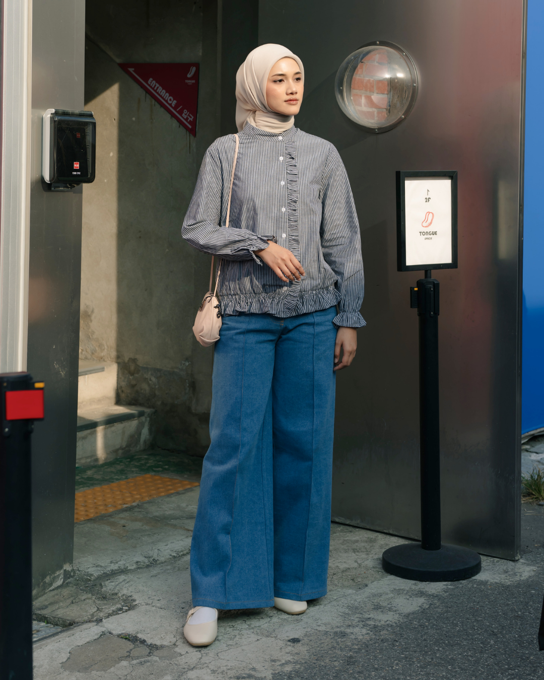 OMARA Velma Ruffle Stripe Shirt | Kemeja Blouse Wanita - Seoul Stroll