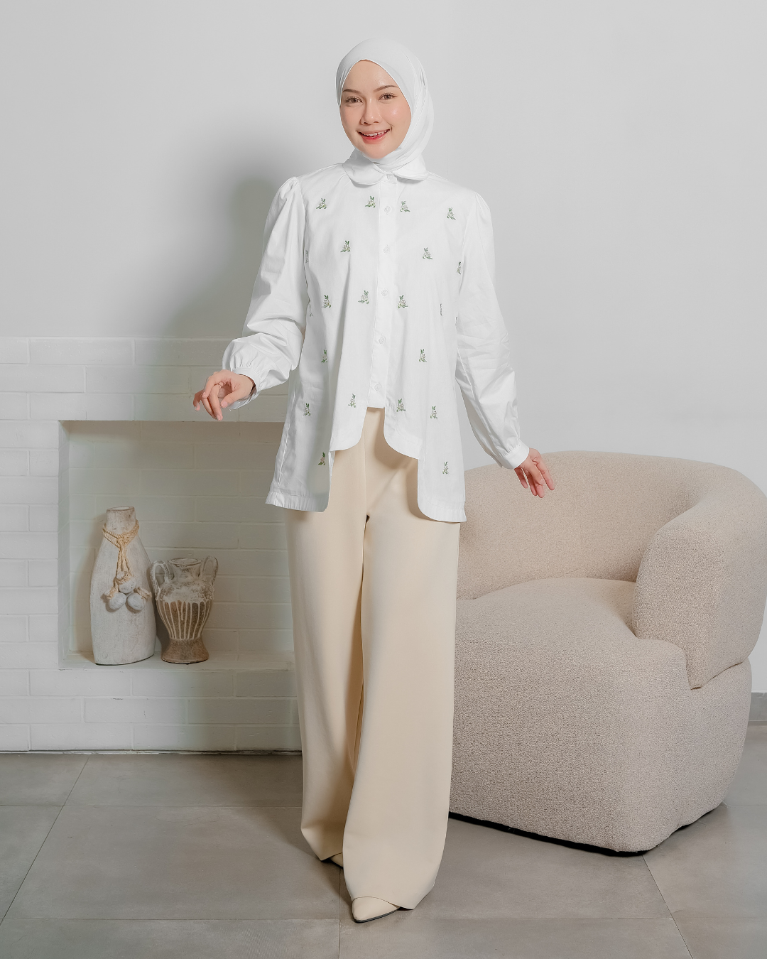 OMARA Venezia Scallop Flower Embroidery Shirt | Kemeja Blouse Wanita