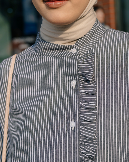 OMARA Velma Ruffle Stripe Shirt | Kemeja Blouse Wanita - Seoul Stroll