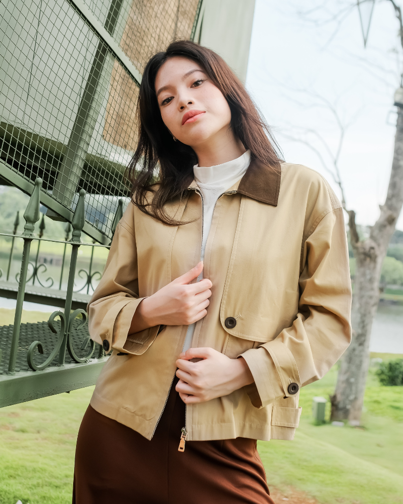 OMARA Wynona Contrast Collar Jacket | Jaket Wanita - Olive Grove