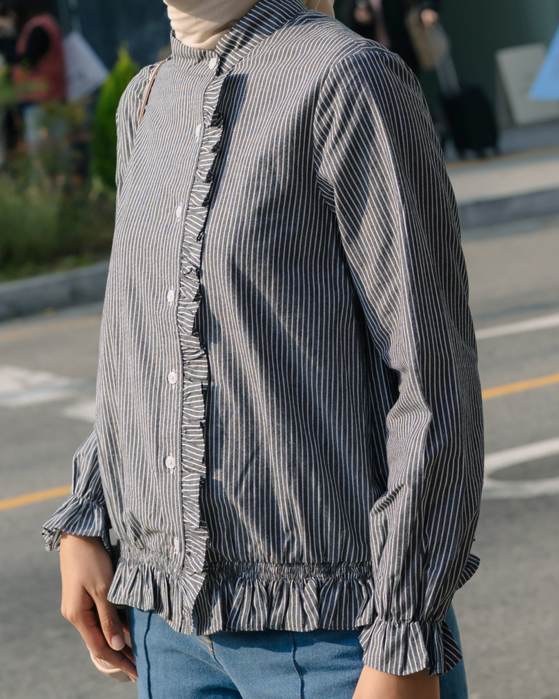 OMARA Velma Ruffle Stripe Shirt | Kemeja Blouse Wanita - Seoul Stroll