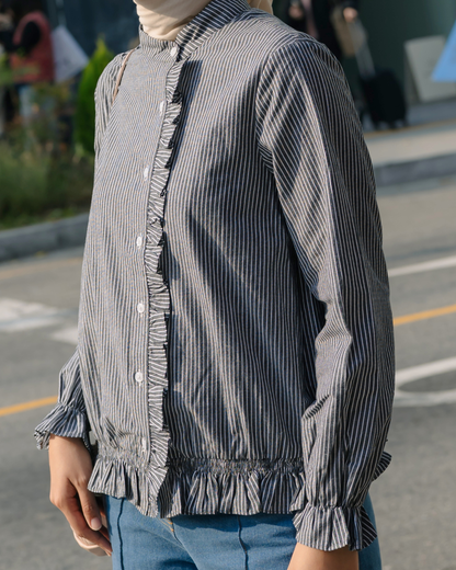 OMARA Velma Ruffle Stripe Shirt | Kemeja Blouse Wanita - Seoul Stroll