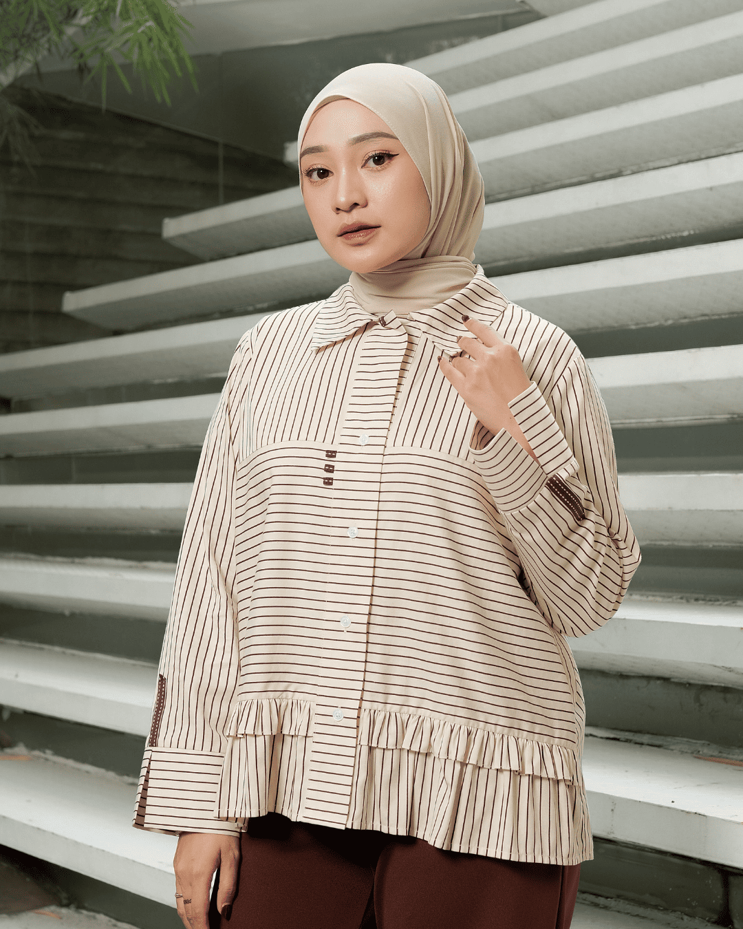 OMARA Aruna Stripe Ruffle Shirt | Kemeja Blouse Wanita - Mosaic