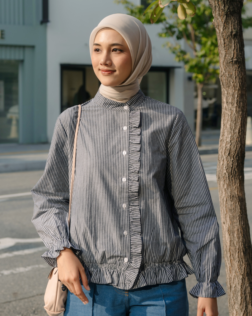 OMARA Velma Ruffle Stripe Shirt | Kemeja Blouse Wanita - Seoul Stroll