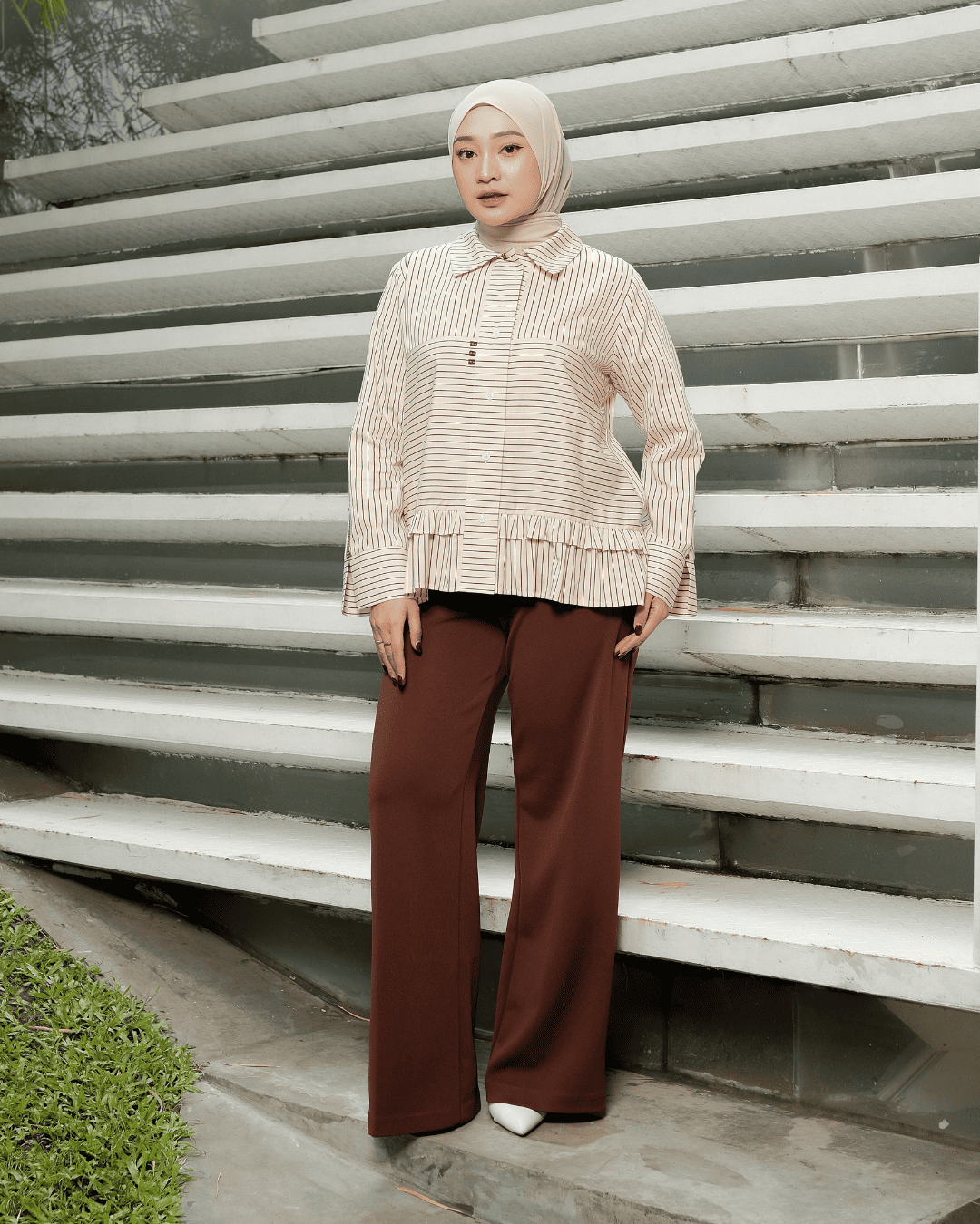 OMARA Aruna Stripe Ruffle Shirt | Kemeja Blouse Wanita - Mosaic