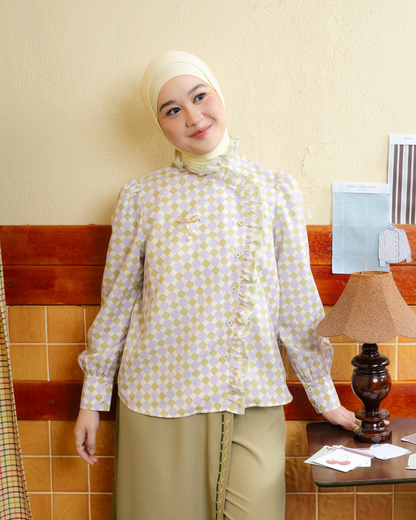 Omara x Firyal Aisyah — Pomeline Mint Geo Polka Overlap Blouse | Atasan Wanita