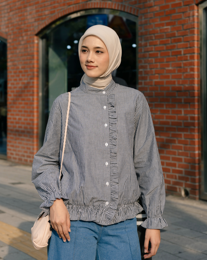 OMARA Velma Ruffle Stripe Shirt | Kemeja Blouse Wanita - Seoul Stroll