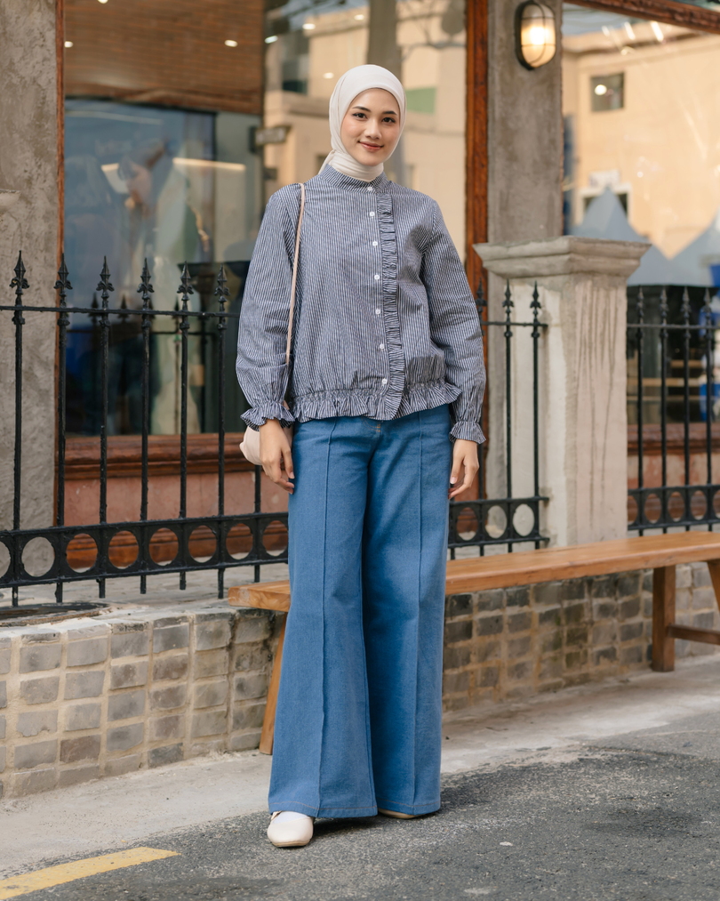 OMARA Velma Ruffle Stripe Shirt | Kemeja Blouse Wanita - Seoul Stroll