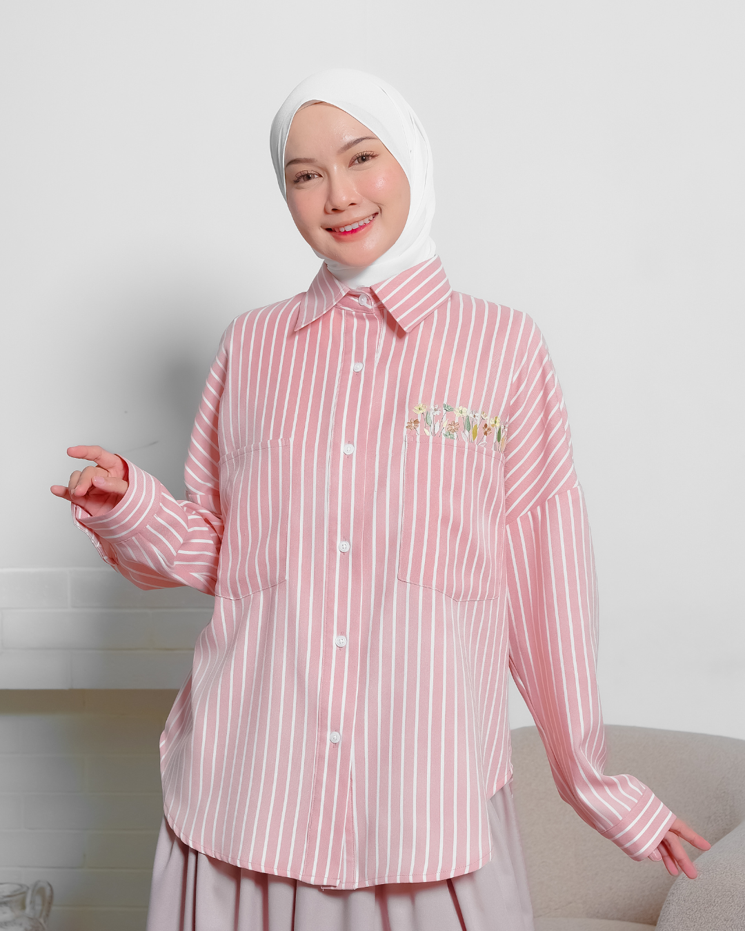 OMARA Vonnie Pink Flower Stripe Shirt | Kemeja Blouse Wanita