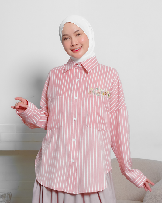 OMARA Vonnie Pink Flower Stripe Shirt | Kemeja Blouse Wanita