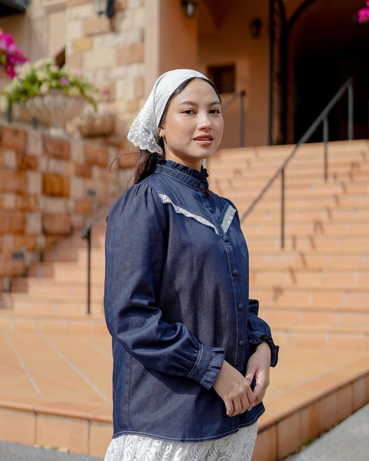 OMARA Nayla Lace-Trim Denim Blouse | Atasan Wanita - Soft Reverie