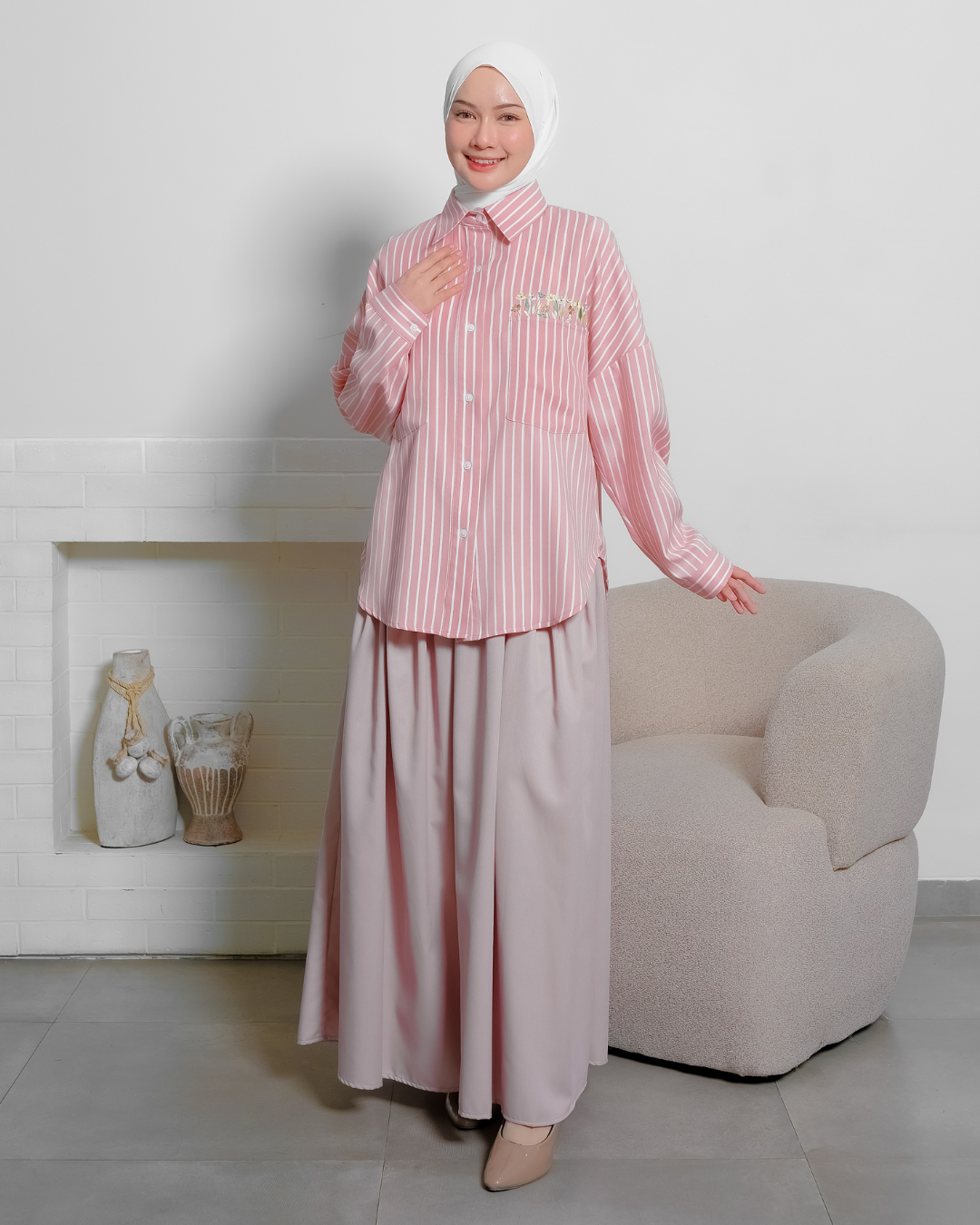 OMARA Vonnie Pink Flower Stripe Shirt | Kemeja Blouse Wanita