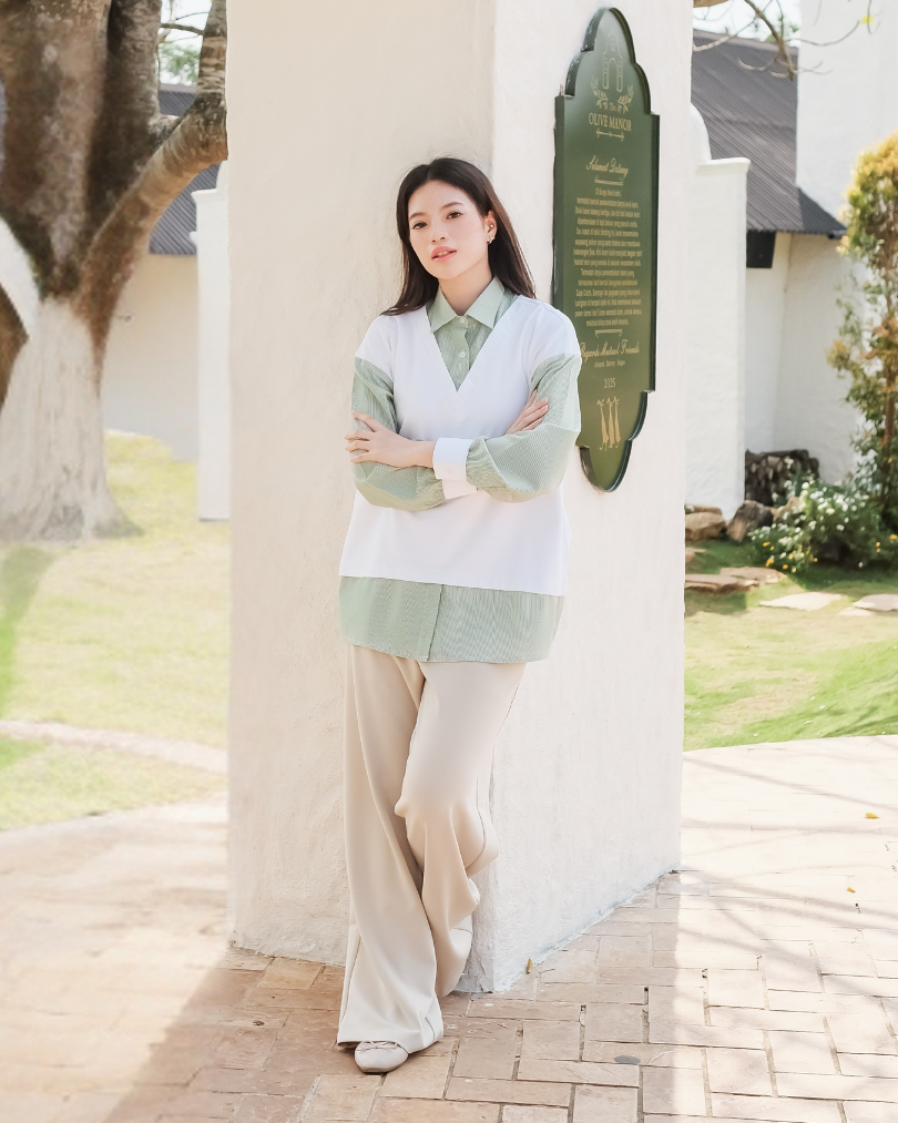 OMARA Wilonna Layered Vest Shirt | Kemeja Blouse Wanita - Olive Grove