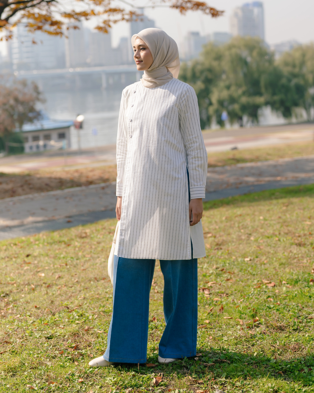 OMARA Vaira Stripe Overlap Asymmetric Tunic | Blouse Tunik Wanita - Seoul Stroll