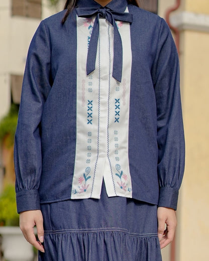 OMARA Niquita Printed Denim Shirt | Atasan Kemeja Wanita - Soft Reverie