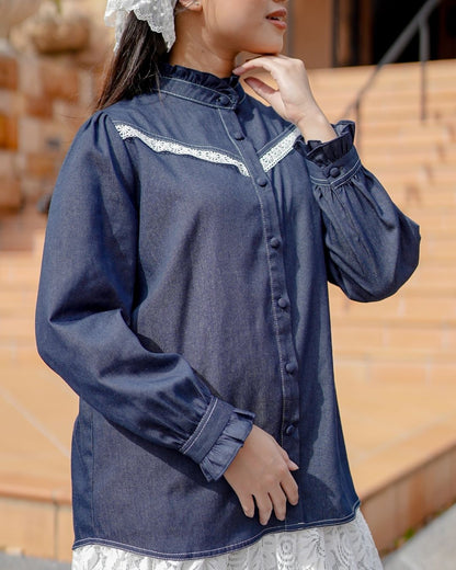 OMARA Nayla Lace-Trim Denim Blouse | Atasan Wanita - Soft Reverie