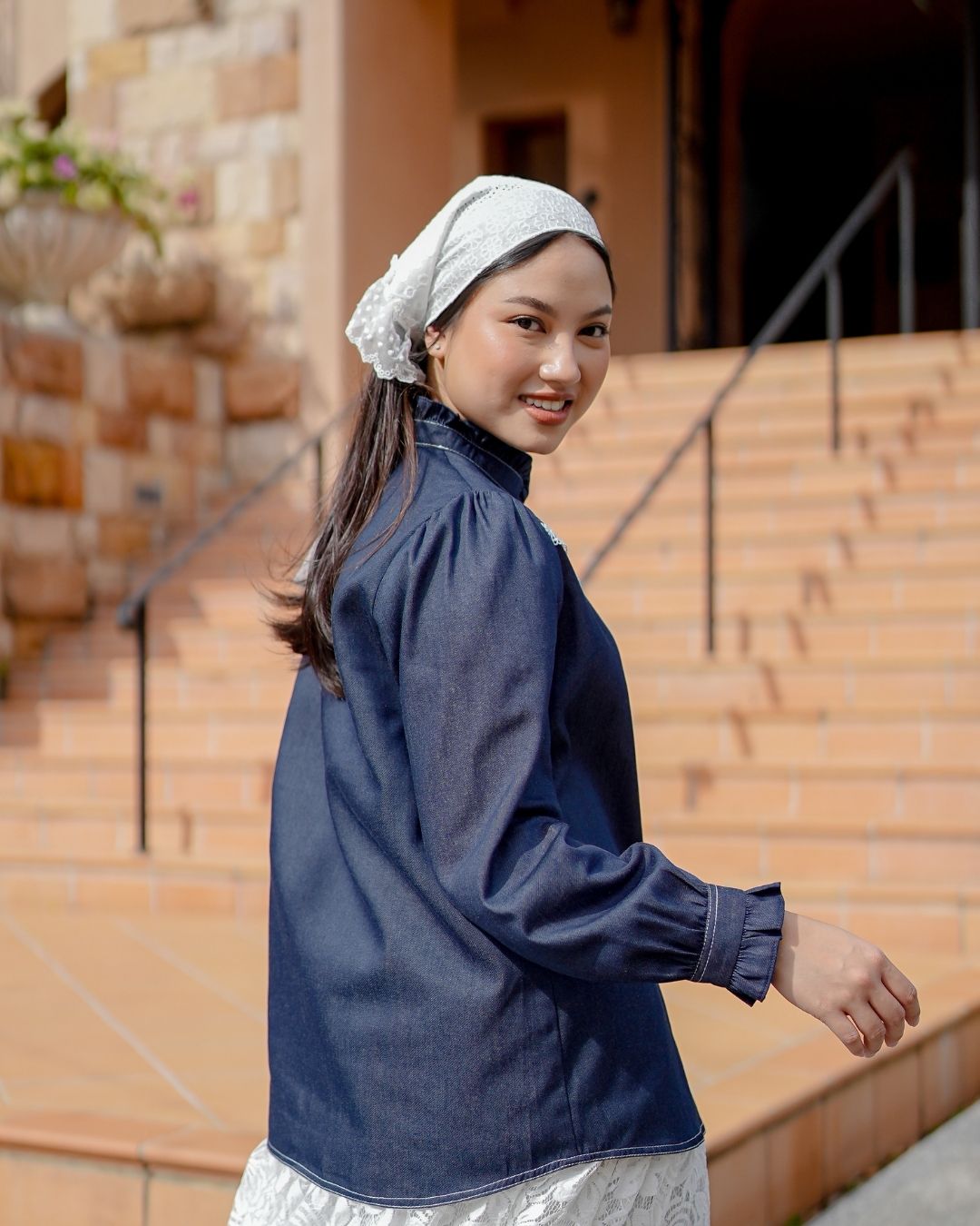 OMARA Nayla Lace-Trim Denim Blouse | Atasan Wanita - Soft Reverie