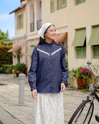 OMARA Nayla Lace-Trim Denim Blouse | Atasan Wanita - Soft Reverie
