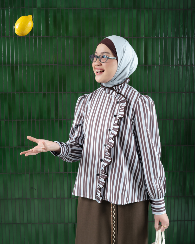 Omara x Firyal Aisyah — Pomeline Timeless Stripe Overlap Blouse Brown | Atasan Wanita