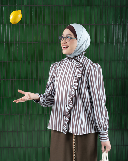 Omara x Firyal Aisyah — Pomeline Timeless Stripe Overlap Blouse Brown | Atasan Wanita