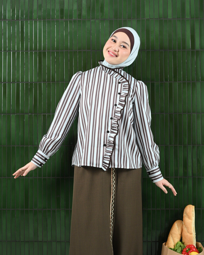 Omara x Firyal Aisyah — Pomeline Timeless Stripe Overlap Blouse Brown | Atasan Wanita