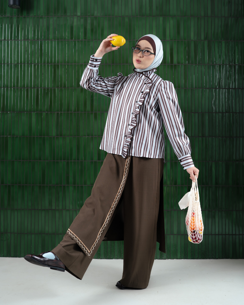 Omara x Firyal Aisyah — Pomeline Timeless Stripe Overlap Blouse Brown | Atasan Wanita