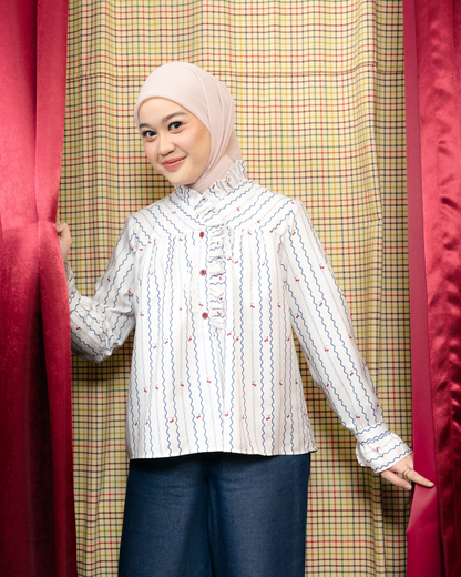Omara x Firyal Aisyah —Cherine Red Cherry Ruffle Blouse Ivory | Atasan Wanita