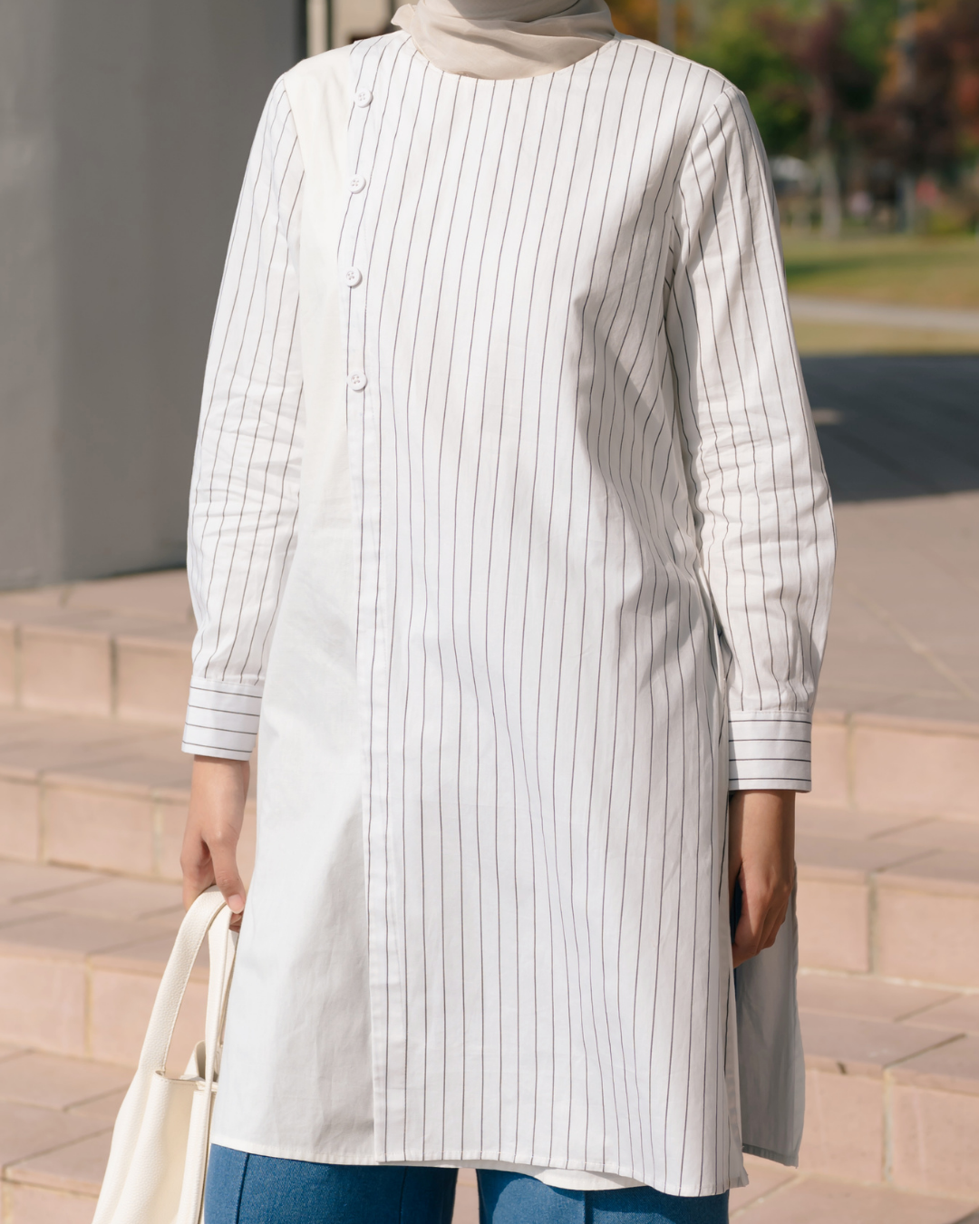 OMARA Vaira Stripe Overlap Asymmetric Tunic | Blouse Tunik Wanita - Seoul Stroll