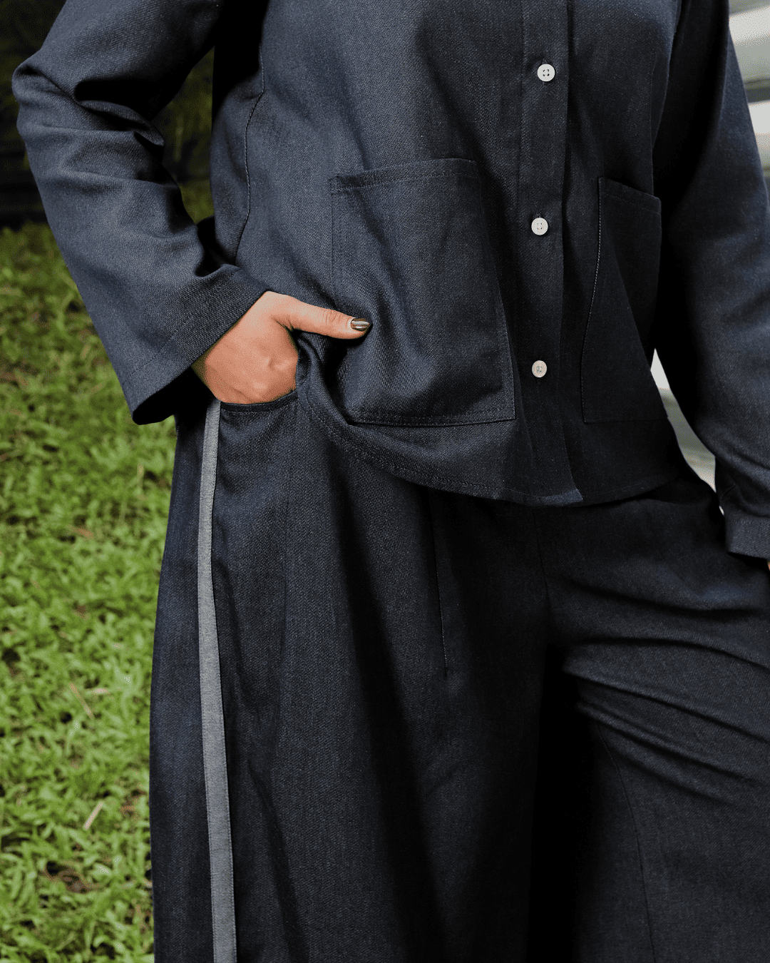 OMARA Alaura Denim List Wide Leg Pants | Celana Wanita - Mosaic