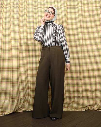 Omara x Firyal Aisyah — Pomeline Timeless Stripe Overlap Blouse Brown | Atasan Wanita