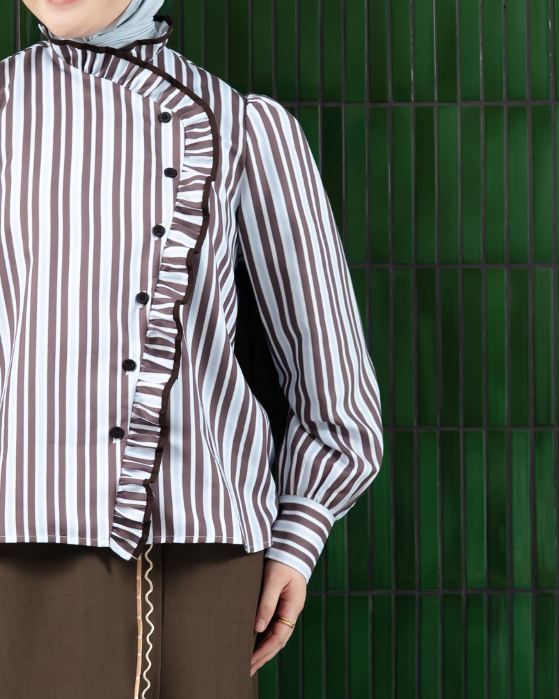 Omara x Firyal Aisyah — Pomeline Timeless Stripe Overlap Blouse Brown | Atasan Wanita