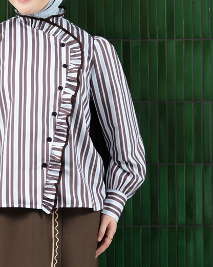 Omara x Firyal Aisyah — Pomeline Timeless Stripe Overlap Blouse Brown | Atasan Wanita
